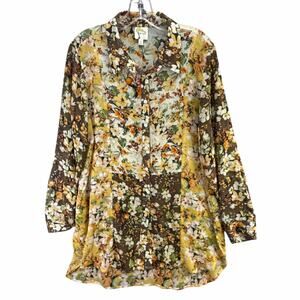 Fig And Flower Sheer Tunic Blouse XL Brown Yellow Floral Button Down Boho